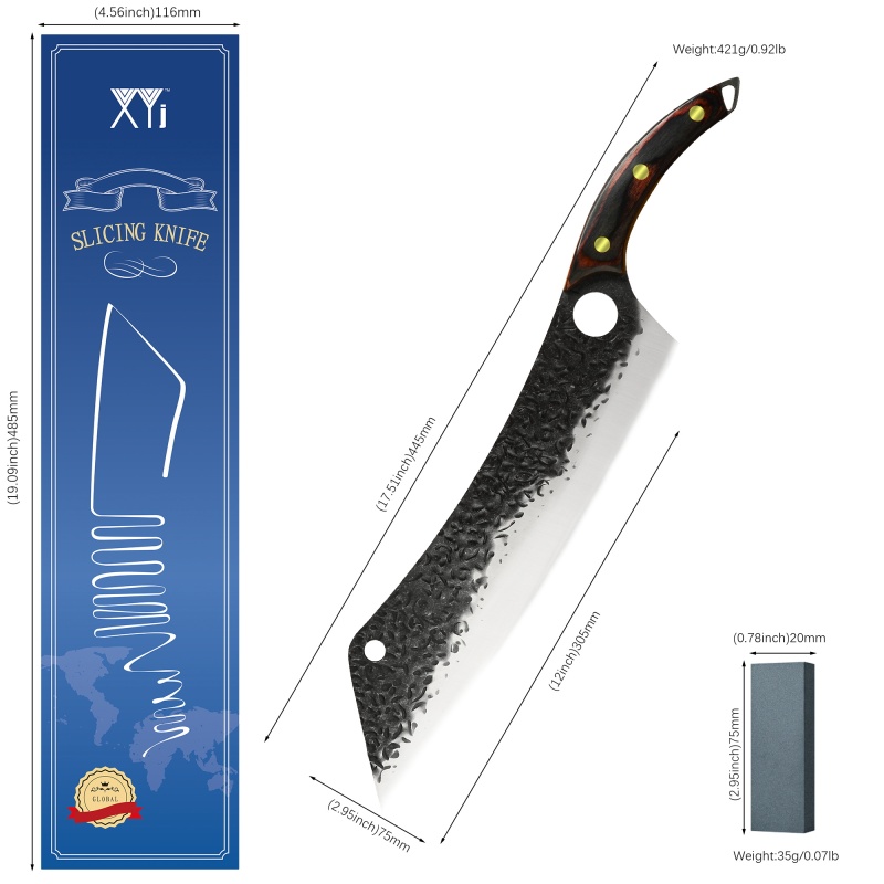 XYJ 12.5 Inch Ultra Long Butcher Knife Stainless Steel Hammer Finish Blade Kitchen Chef Slaughter Slicing Meat Trimming Brisket Filleting Fish