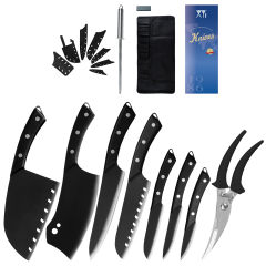 XYJ 7pcs Kitchen Knife Set With Chef Knife Bag Scissors Honing Steel Whetstone Knife Cover Sheath, Full Tang Wood Handle Stainless Steel Black Blade