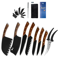 XYJ Complete Kitchen Knife Set Stainless Steel Black Blade With Full Tang Wood Handle - Bone Shears Honing Steel Whetstone Knife Roll Bag Knife Sheath