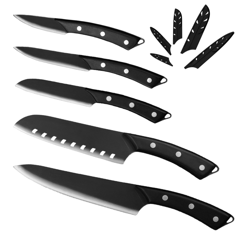 XYJ 7pcs Kitchen Knife Set With Chef Knife Bag Scissors Honing Steel Whetstone Knife Cover Sheath, Full Tang Wood Handle Stainless Steel Black Blade