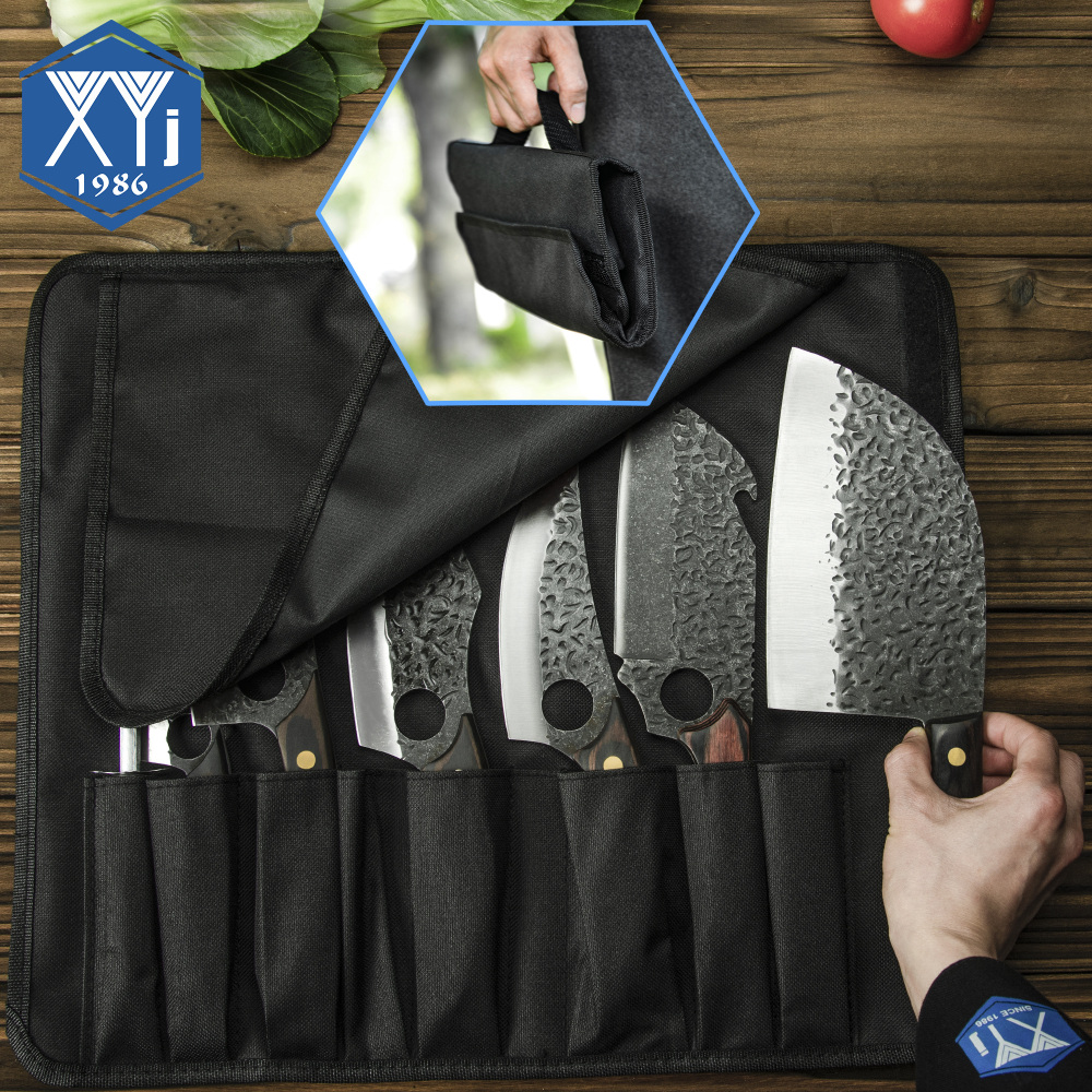 XYJ Full Tang Camping Knives Set Chinese Butcher Knife Vegetable Chef Knives With Leather Knife Sleeves&Roll Bag&Kitchen Tools