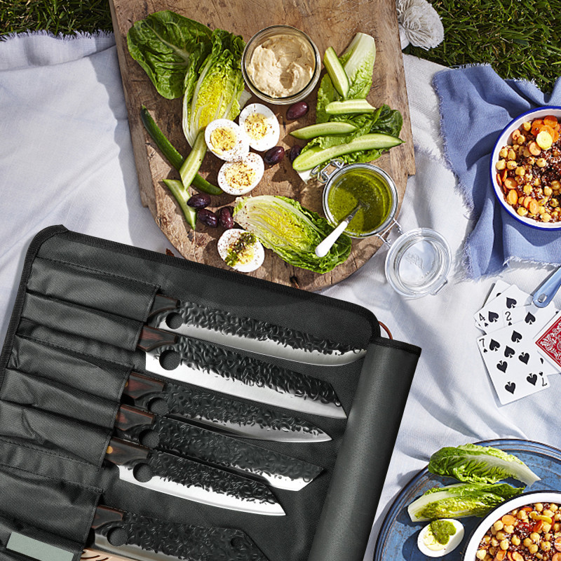 XYJ Full Tang Camping Serbian Knife Set Cleaver Vegetable Knives With Roll Bag&amp;Sharpener Rod&amp;Knife Block Set