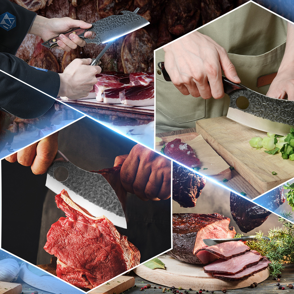 XYJ Full Tang Camping Knives Set Chinese Butcher Knife Vegetable Chef Knives With Leather Knife Sleeves&Roll Bag&Kitchen Tools