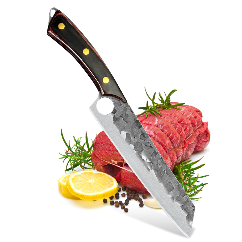 XYJ Hammer Forged Japanese Kiritsuke Kitchen Chef Meat Knife Non-stick Finish Blade Full Tang Pakka Wood Handle