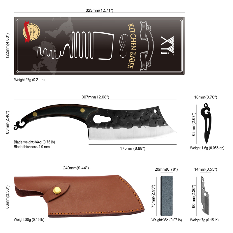 XYJ Full Tang 7 Inch Deboning Knife With Opener Stainless Steel Hammered Finger Hole Chef Nakiri Knives Sheath&amp;Whetstone
