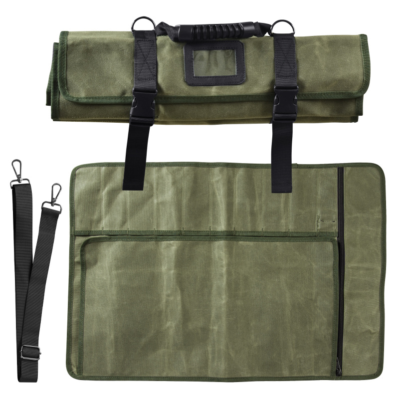 XYJ Canvas Chef Knife Bag 10 Pockets Storing Knives&amp;Kitchen Tools Carry Roll Bag With Shoulder Strap For Camping Traveling