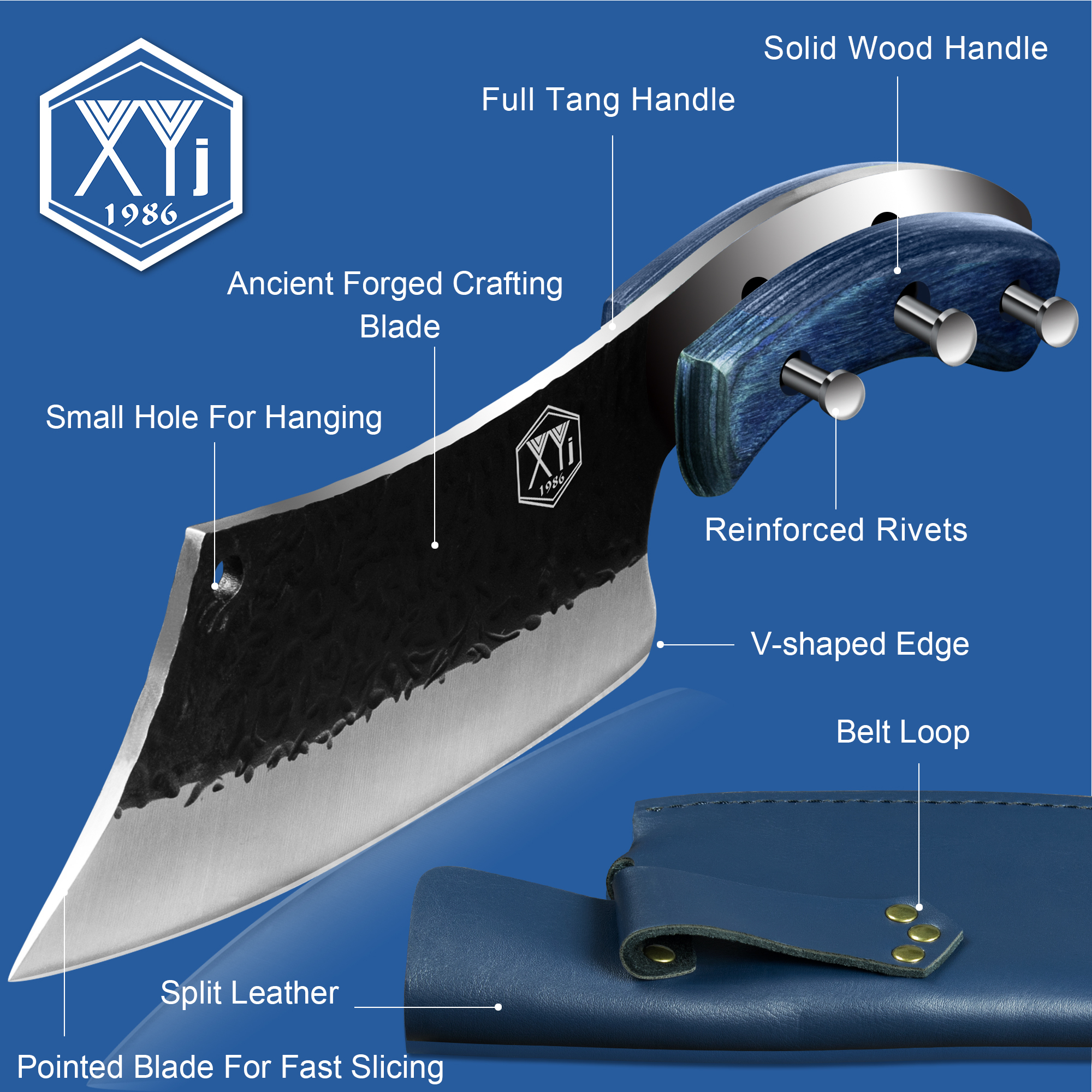 XYJ Full Tang 7 Inch Vegetable Knife With Leather Sheath Whetstone High Carbon Steel Outdoor Camping Chef Knife Kitchen Slicing Knife