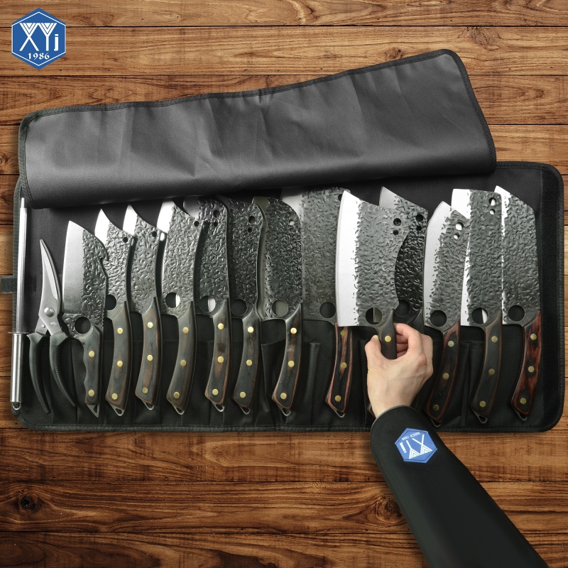 XYJ 13 Pieces Knife Set High Carbon Steel Full Tang Butcher Cleaver With Roll Bag Scissors Asian Chef Knife For Kitchen Camping