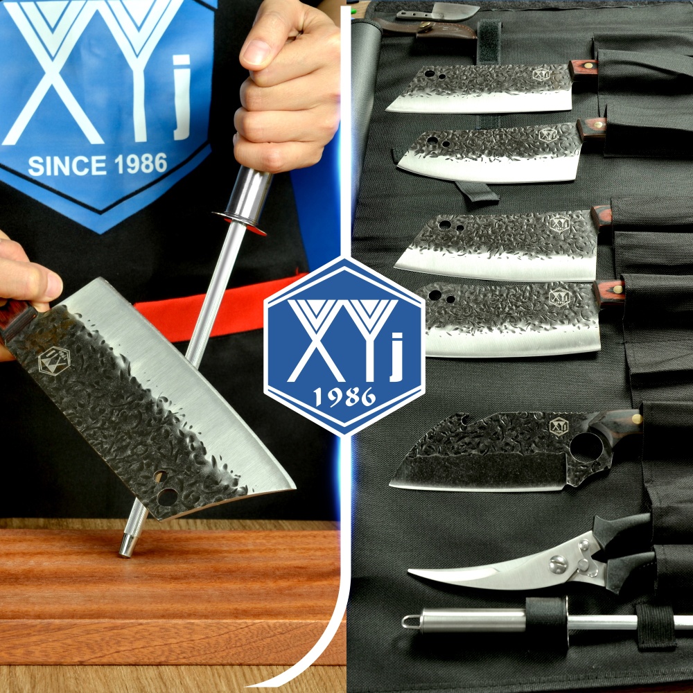 XYj Forged Kitchen Knife Set High Carbon Steel 5pcs Chef Knives Set With Roll Bag Kitchen Scissors For Cutting Meat Vegetables