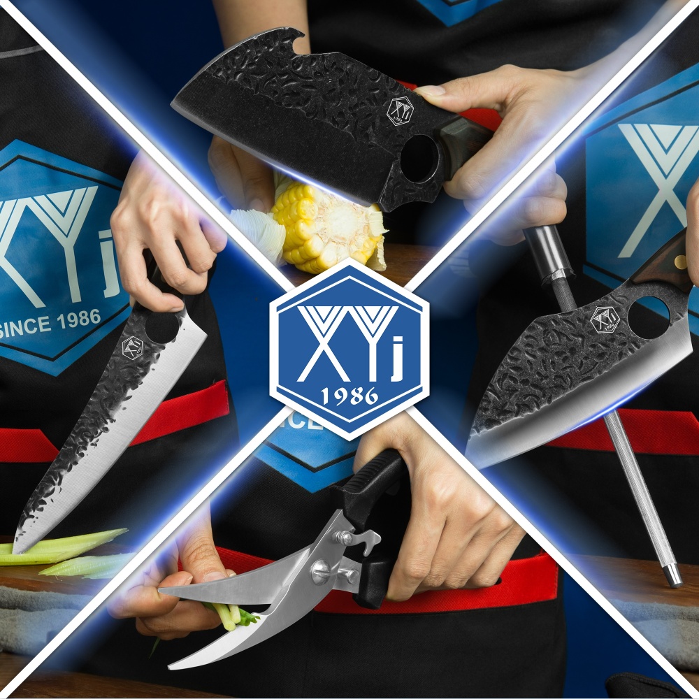 XYj Set of Chef Knife With Roll Bag Kitchen Scissor Sharpener Rod High Carbon Steel Kitchen Knives Slice Cooking Vegetable Knife