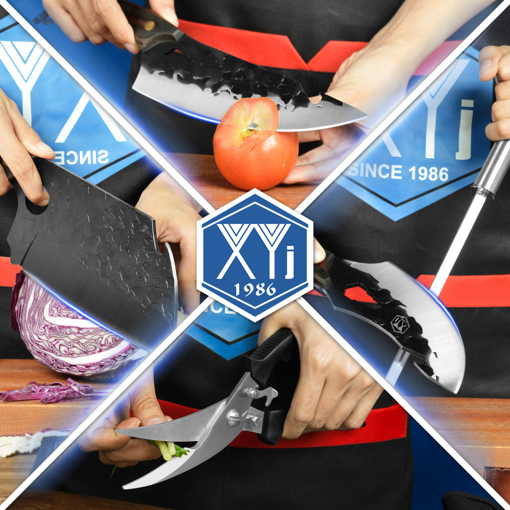 XYJ Camping Kitchen Knives Set High Carbon Steel Chef Knife With Carry Roll Bag&Sharpener Rod&Fruit Fork Boning Butcher Knife