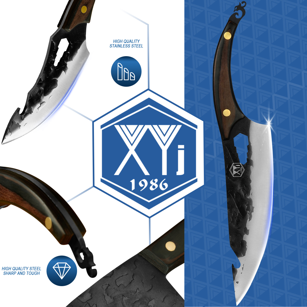 XYJ Camping Kitchen Knives Set High Carbon Steel Chef Knife With Carry Roll Bag&Sharpener Rod&Fruit Fork Boning Butcher Knife