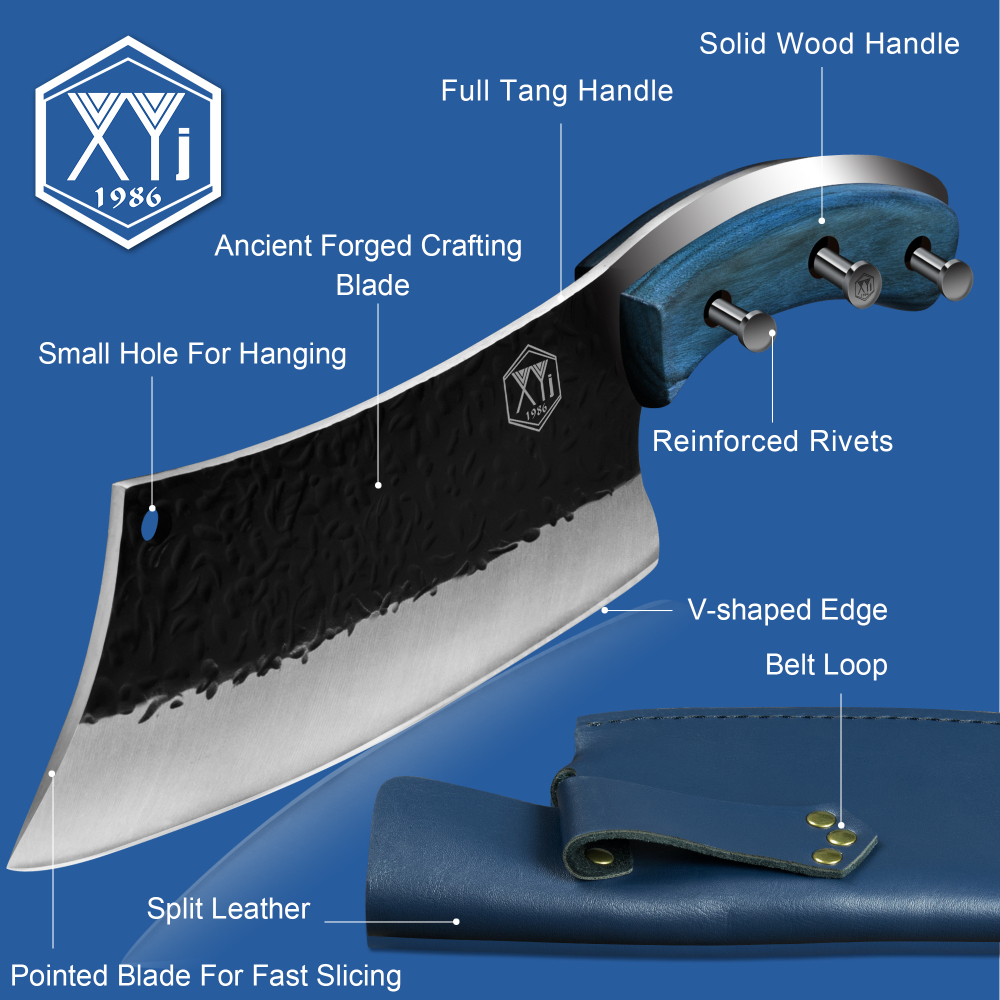 XYJ Full Tang 8 Inch Chinese Vegetable Knife With Sheath Whetstone Outdoor Camping Chef Knife Slicing Cutting Butcher Knife