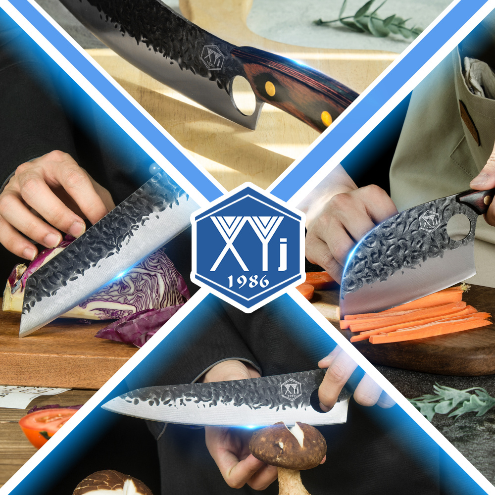XYj Full Tang 9pcs Forged Knife Set High Carbon Steel Serbian Chef Knife with Bag Sharpener Rod Shear Butcher Knife Gyutou Knife