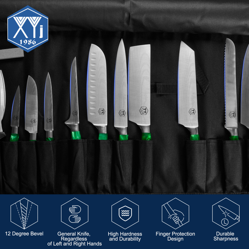 XYJ Culinary Chef Knives Bag Set With Scissor Sharpener Rod Sheath Stainless Steel Boning Santoku Knives Slicing Bread Knife