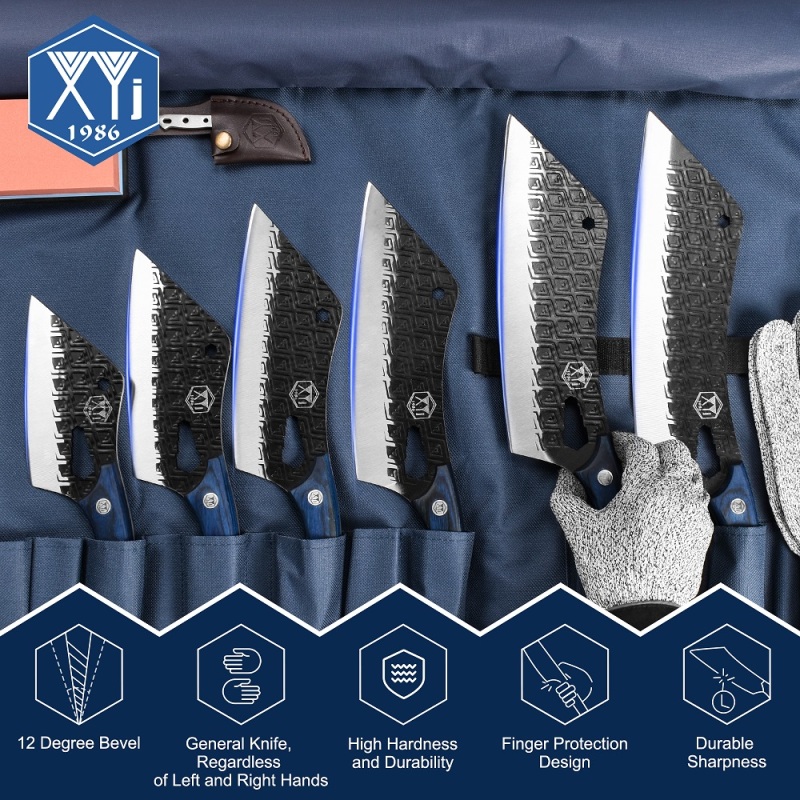XYJ 6pcs Camping Slicing Knives Set Kitchen Chef Knife With Bag Scissors Sharpener Carving Vegetable Butcher Knife Outdoor Knives