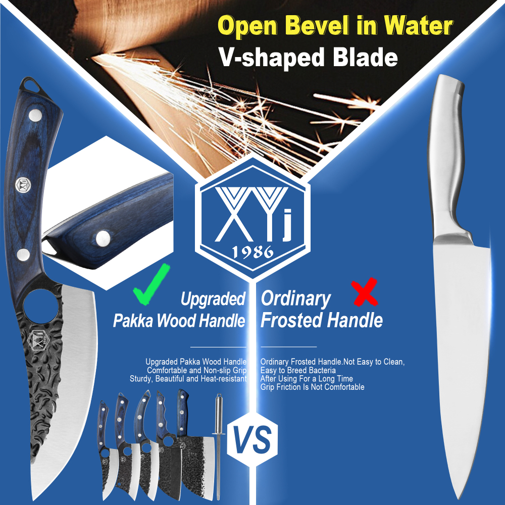 XYJ 6 Pieces Butcher Boning Knife Set Full Tang Camping Chef Knives With Sheath Bag Sharpener Steel Carving Deboning Knife