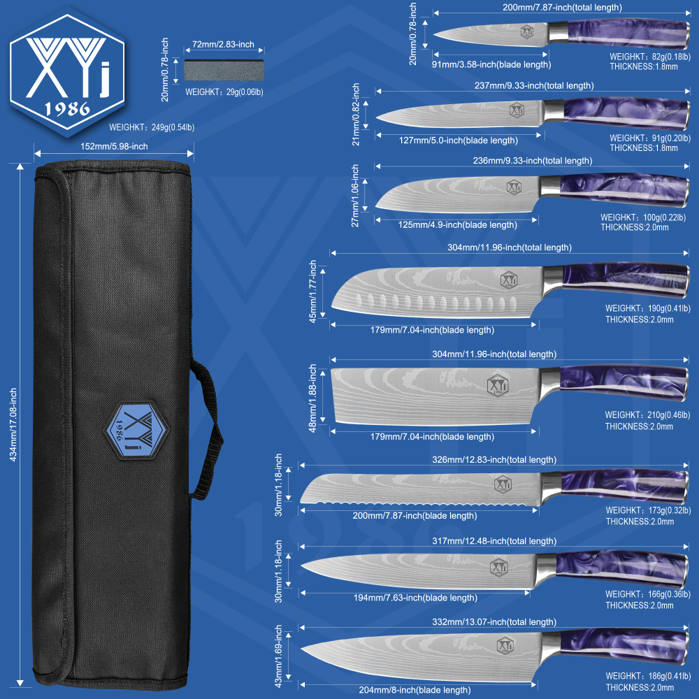 XYJ 8pcs/set Japanese Chef Knives With Roll Bag&Sheath Stainless Steel Culinary Kitchen Knives Paring Santoku Slicing Cooking Knives