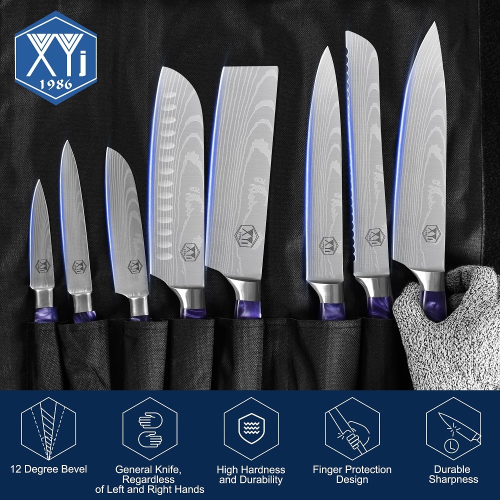 XYJ 8pcs/set Japanese Chef Knives With Roll Bag&Sheath Stainless Steel Culinary Kitchen Knives Paring Santoku Slicing Cooking Knives