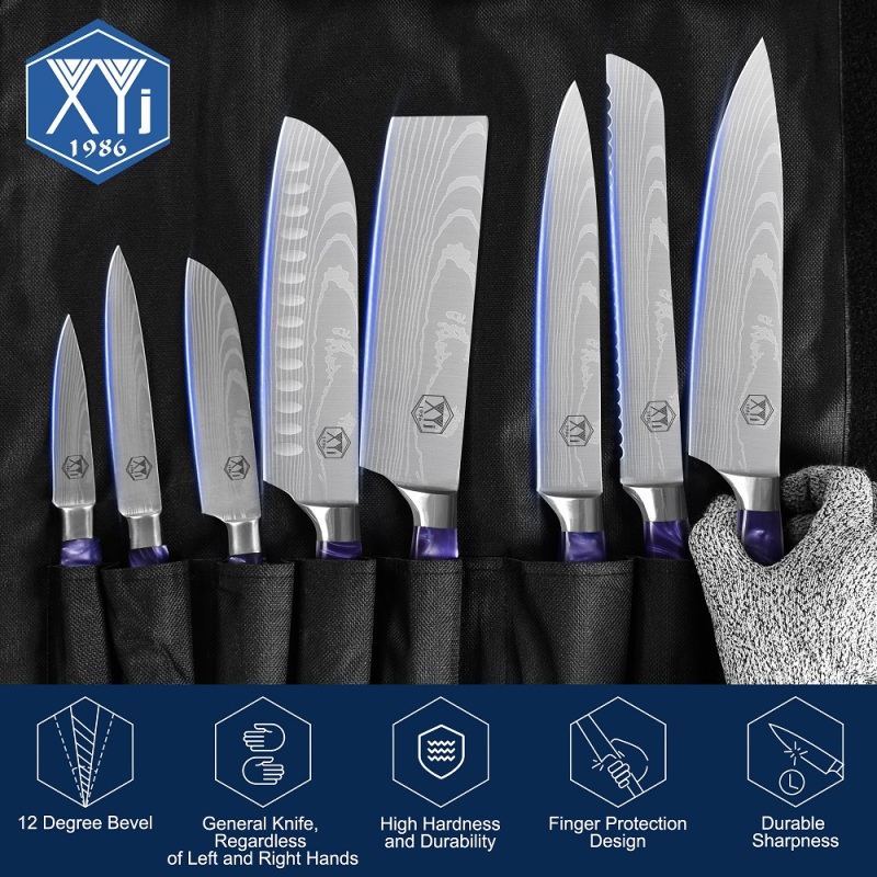 XYJ 8pcs/set Japanese Chef Knives With Roll Bag&amp;Sheath Stainless Steel Culinary Kitchen Knives Paring Santoku Slicing Cooking Knives