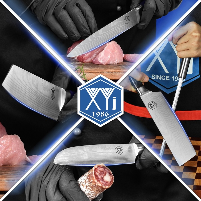 XYJ Japanese Culinary Knives Set With Roll Bag&amp;Cover Sharpener Rod Santoku Chef Knives Nakiri Slicing Boning Knife For Kitchen Camping