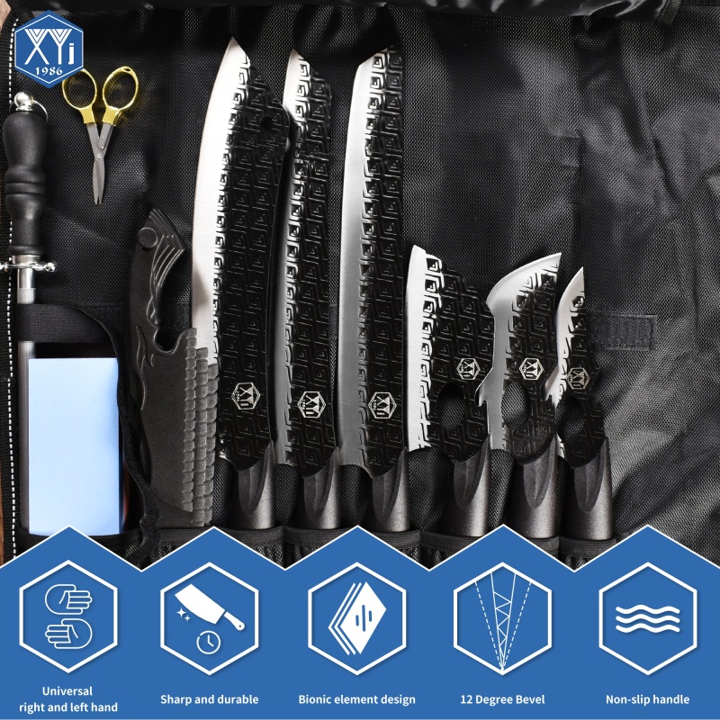 XYJ Cooking Slice Knives Set Camping Chef Knife With Sheath Holder Honing Steel Whetstone Cake Knife Roll Bag Kitchen Vegetable Knives