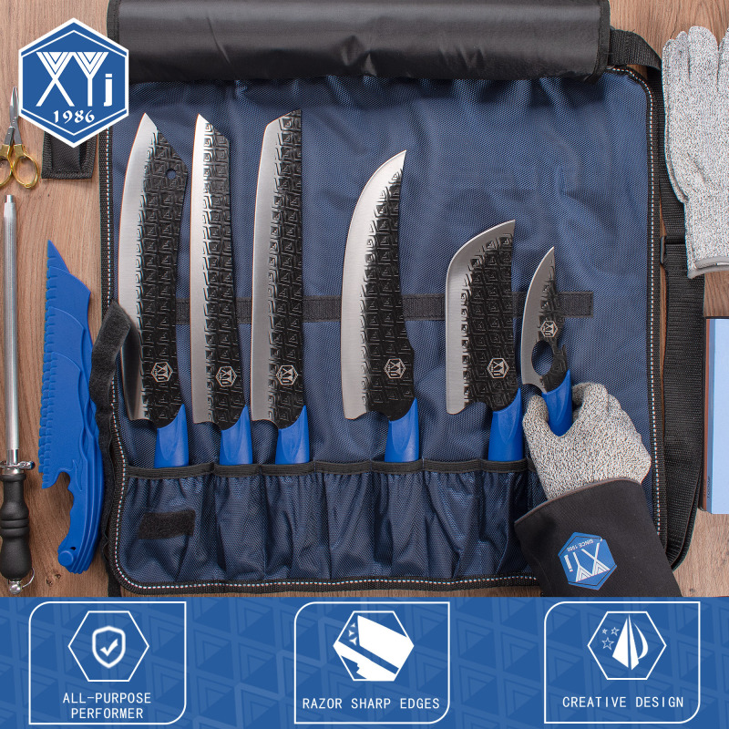 XYJ Slice Knives Set Vegetable Chef Knife With Bag Whetstone Honing Steel Cake Knives Camping Kitchen Butcher Knife