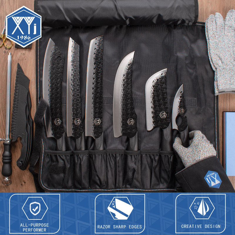 XYJ Slaughtering Cooking Knife Set Stainless Steel Cleaver Slicing Knives With Roll Bag&amp;Whetstone&amp;Honing Steel&amp;Cake Knife