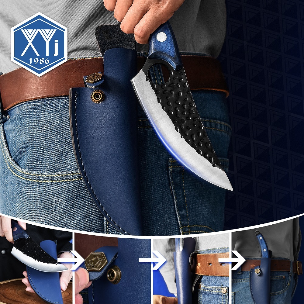 XYJ Camp Boning Knife Stianless Steel Chef Vegetable Knives Kitchen Butcher Knife With Leather Sheath Pocket Knife Mini Whetstone
