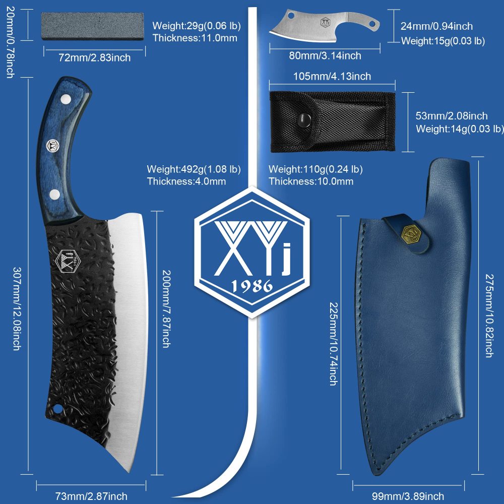 XYJ Full Tang 8 Inch Chinese Vegetable Knife With Sheath Whetstone Outdoor Camping Chef Knife Slicing Cutting Butcher Knife