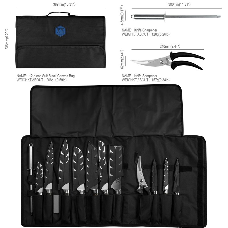 XYJ Stainless Steel Japanese Knives Set With Scissors&amp;Roll Bag&amp;Sharpener Rod Ergonomics Grip Handle