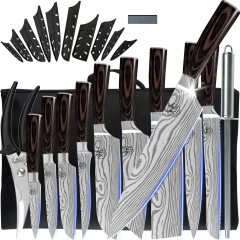 XYJ Professional Chef Knife Set Stainless Steel Kitchen Scissors Sharpener Rod Carry Bag Tools Laser Etched Sharp Blade Cleaver Set
