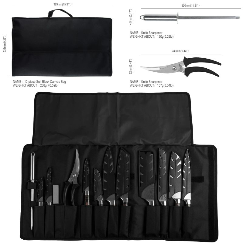 XYJ Professional Chef Knife Set Stainless Steel Kitchen Scissors Sharpener Rod Carry Bag Tools Laser Etched Sharp Blade Cleaver Set