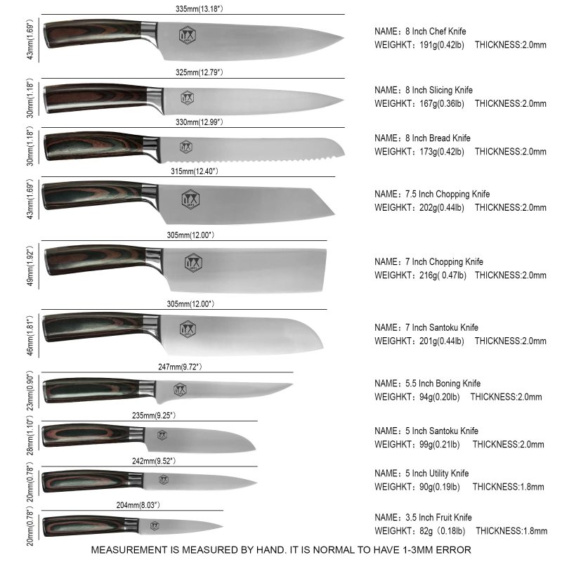 XYJ Stainless Steel Japanese Knives Set With Scissors&amp;Roll Bag&amp;Sharpener Rod Ergonomics Grip Handle