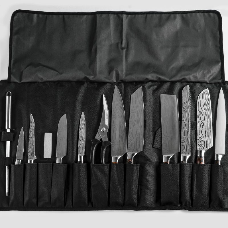 XYJ Professional Chef Knife Set Stainless Steel Kitchen Scissors Sharpener Rod Carry Bag Tools Laser Etched Sharp Blade Cleaver Set