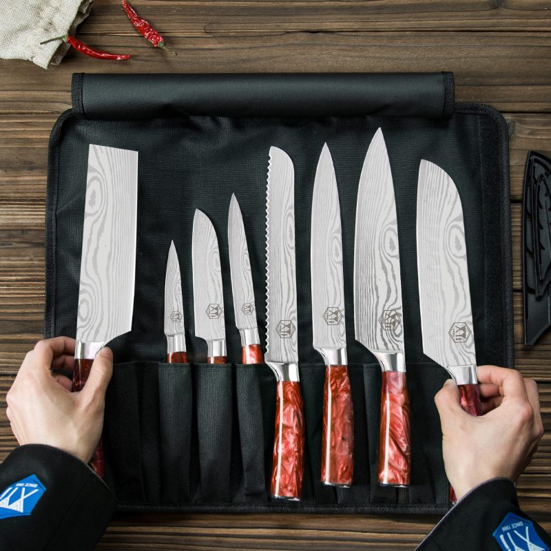 XYJ Set of Knives 8-pieces Stainless Steel Kitchen Knife Vegetable Nakiri Knife With Carry Roll Bag Chef Tools Set