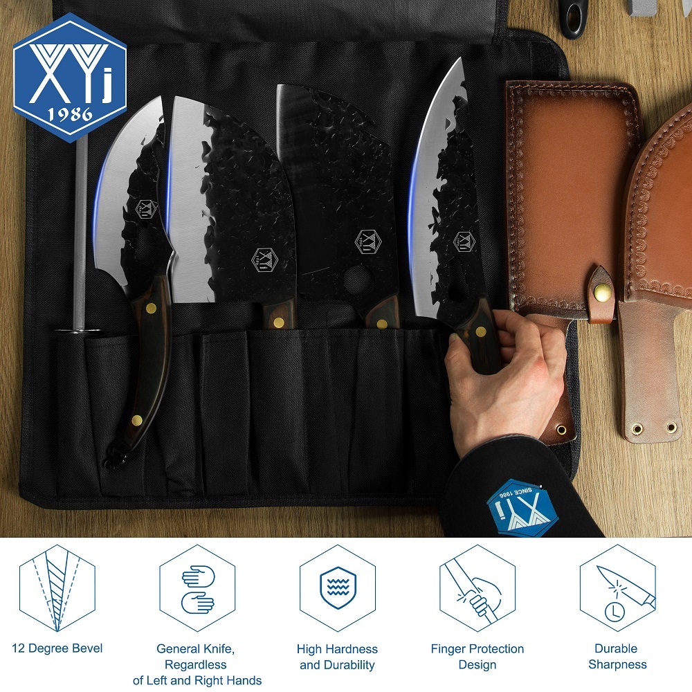 XYJ Camping Kitchen Knives Set High Carbon Steel Chef Knife With Carry Roll Bag&Sharpener Rod&Fruit Fork Boning Butcher Knife