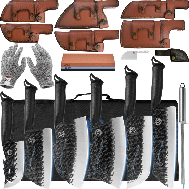 XYJ Chef Santoku Knives Set With Leather Sheath Bag Whetstone