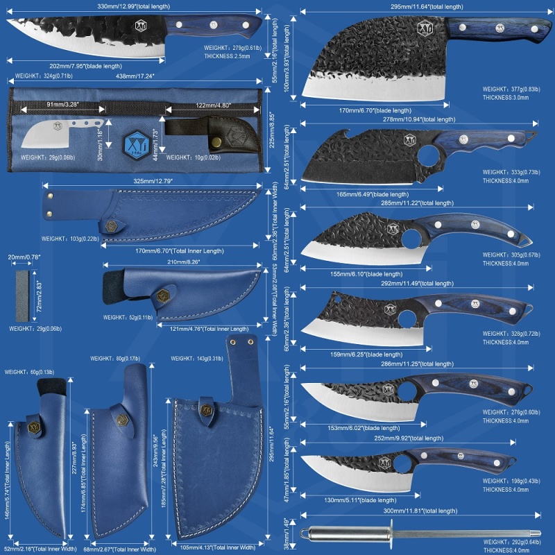 XYJ Portable Chef Knife Set Professional Slicing Butcher Knives With Rolling Bag Sharpener Stick Cleaver Boning Knife For Kitchen Camping