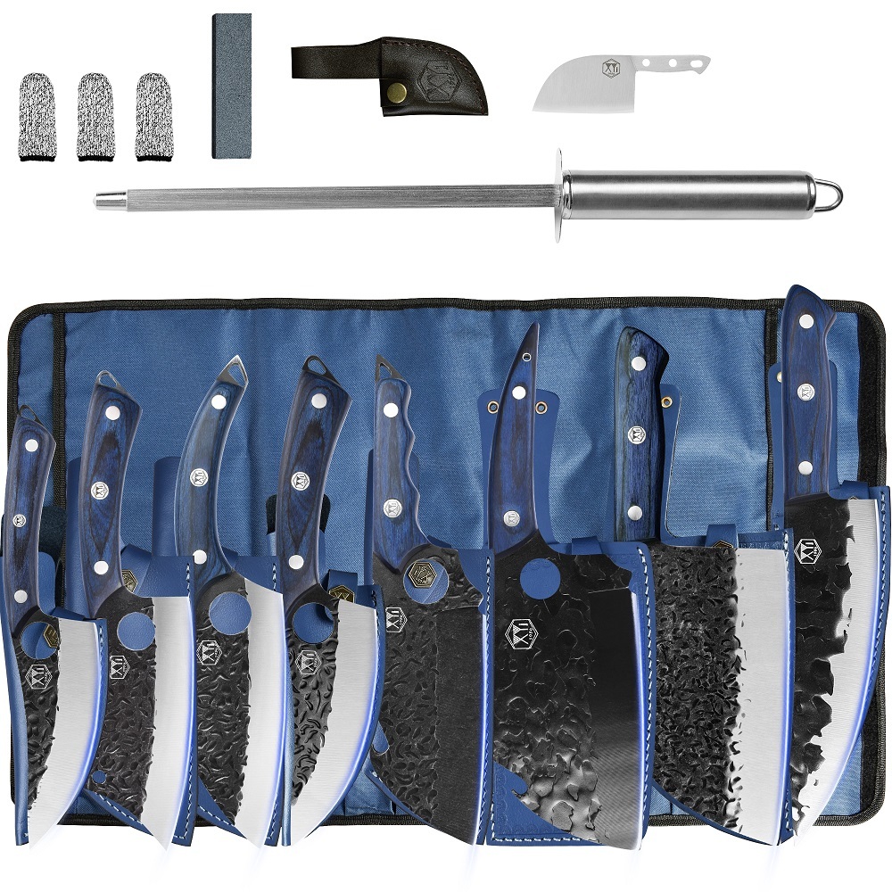XYJ Camping Serbian Knives Set High Carbon Steel Boning Butcher Knife With Honing Steel Pocket Knife Full Tang Handle