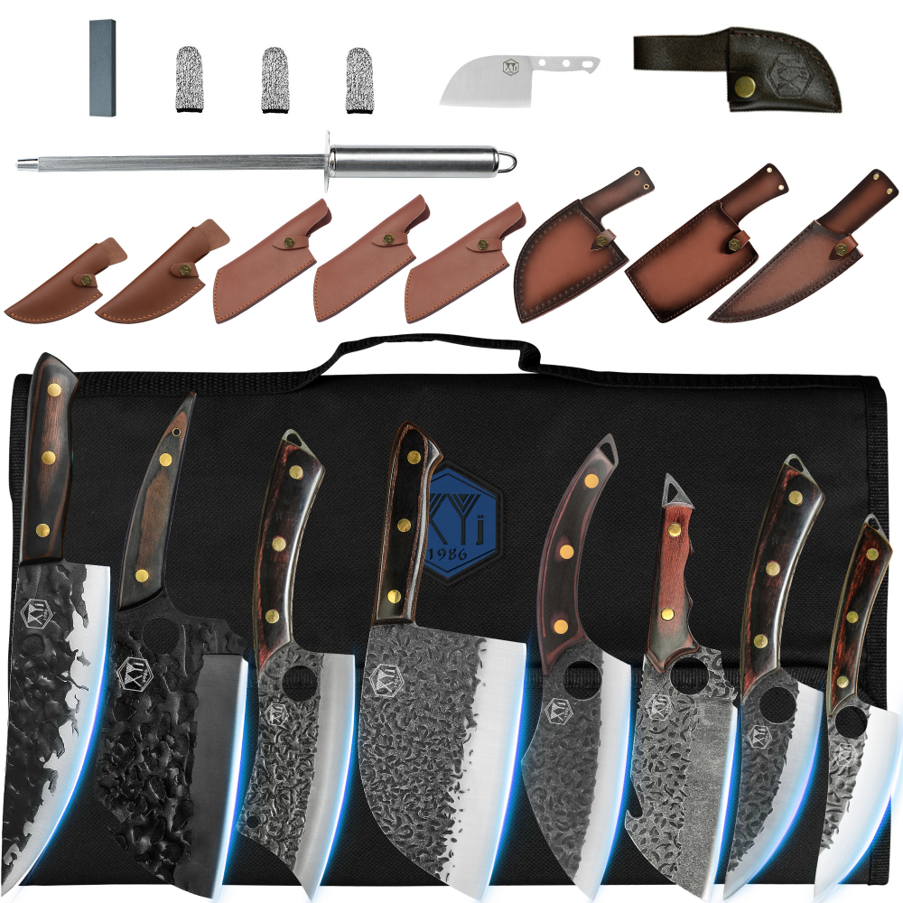 XYJ 8pcs Camping Knives Set With Roll Bag Sheath Full Tang Vegetable Meat Knives Serbian Boning Knife Kitchen Butcher Knife