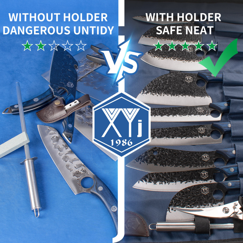 XYJ High Carbon Steel Camping Knife Set Serbian Chef Knife with Roll Bag Honing Steel Kitchen Shears Butcher Cooking Knives Set