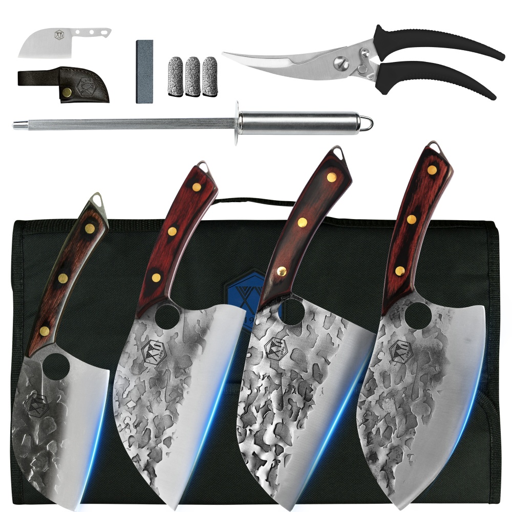 XYJ Hammer Forged Serbian Chef Knife Set 4pcs High Carbon Steel Butcher Knives With Roll Bag,Scissor,Whetstone,Sharpener Rod