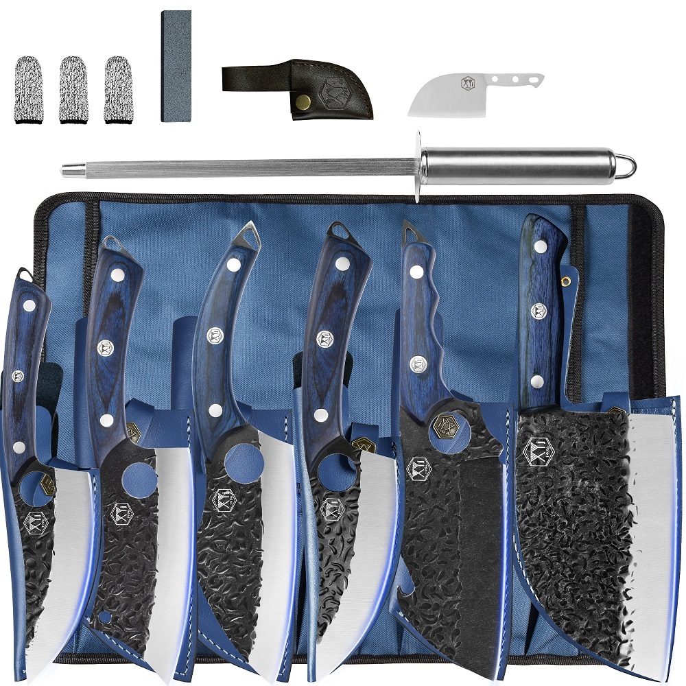 XYJ 6 Pieces Butcher Boning Knife Set Full Tang Camping Chef Knives With Sheath Bag Sharpener Steel Carving Deboning Knife