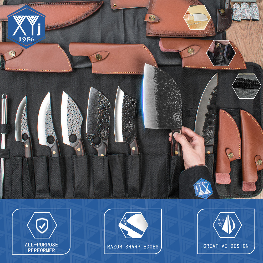 XYJ 7pcs Camping Knives Set With Roll Bag Sheath Sharpener Rod Vegetable Chef Knives Slice Boning Knife Kitchen Butcher Knife Full Tang