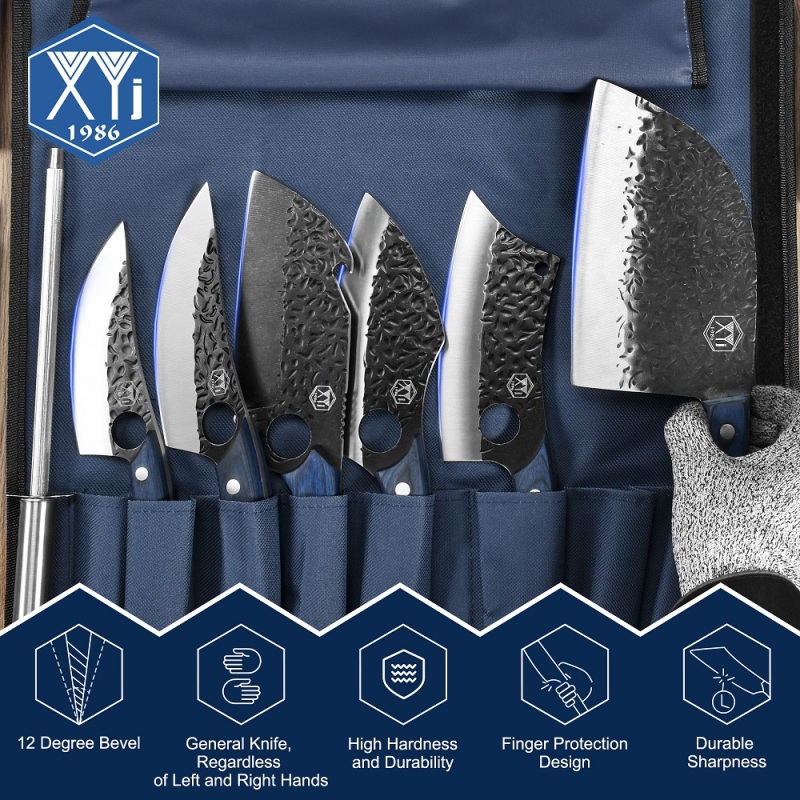 XYJ 6 Pieces Butcher Boning Knife Set Full Tang Camping Chef Knives With Sheath Bag Sharpener Steel Carving Deboning Knife