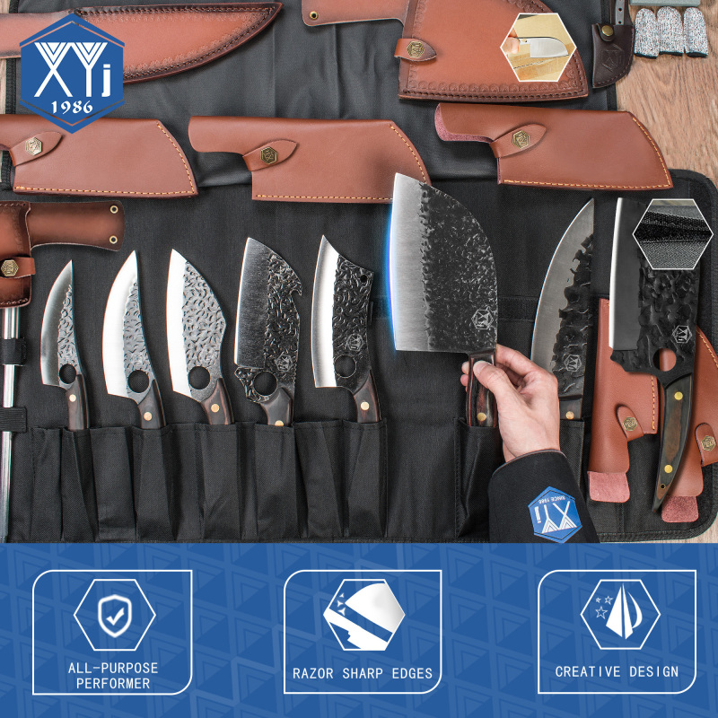 XYJ 8pcs Camping Knives Set With Roll Bag Sheath Full Tang Vegetable Meat Knives Serbian Boning Knife Kitchen Butcher Knife