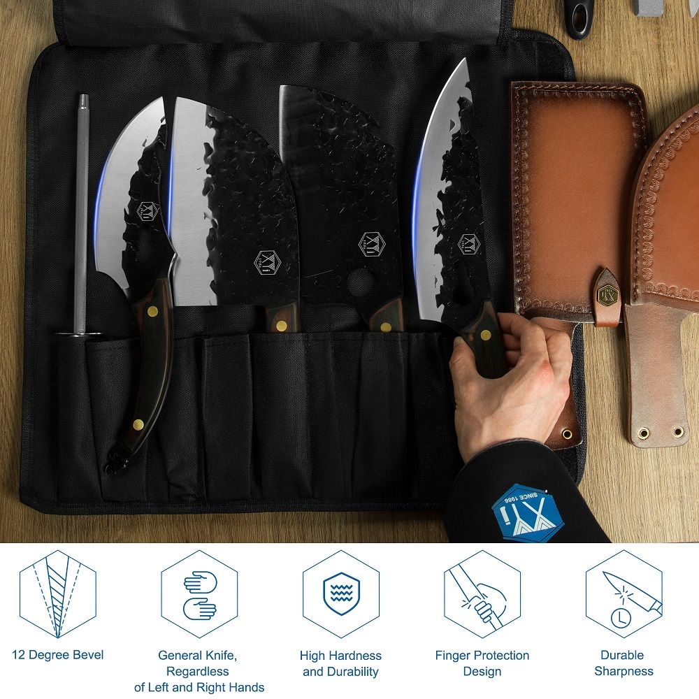 XYJ Camping Kitchen Knives Set High Carbon Steel Chef Knife With Carry Roll Bag&Sharpener Rod&Fruit Fork Boning Butcher Knife