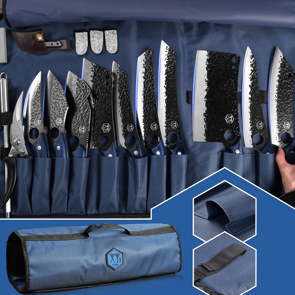 XYJ Forged Kitchen Knife Set With Roll Bag Scissors Honing Steel Pocket Knife &whetstone Large Butcher Knife Set