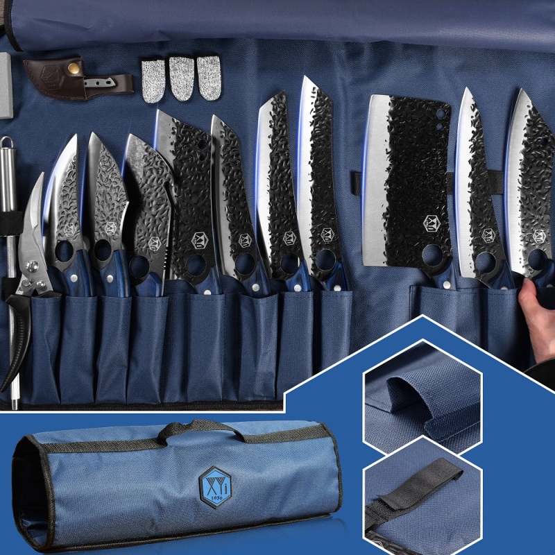 XYJ Forged Kitchen Knife Set With Roll Bag Scissors Honing Steel Pocket Knife &amp;whetstone Large Butcher Knife Set
